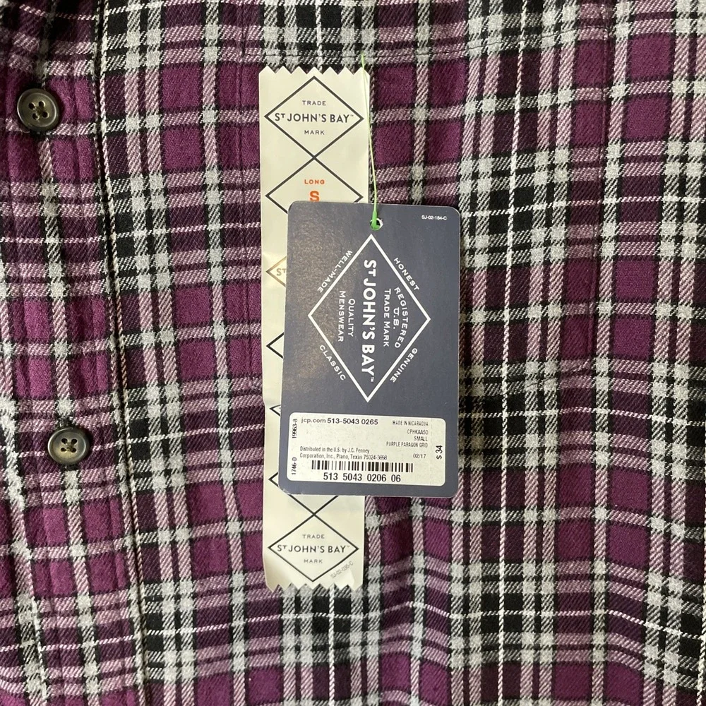 St John's Bay Mens S Purple Plaid Flannel Shirt NWT Cotton Button Down